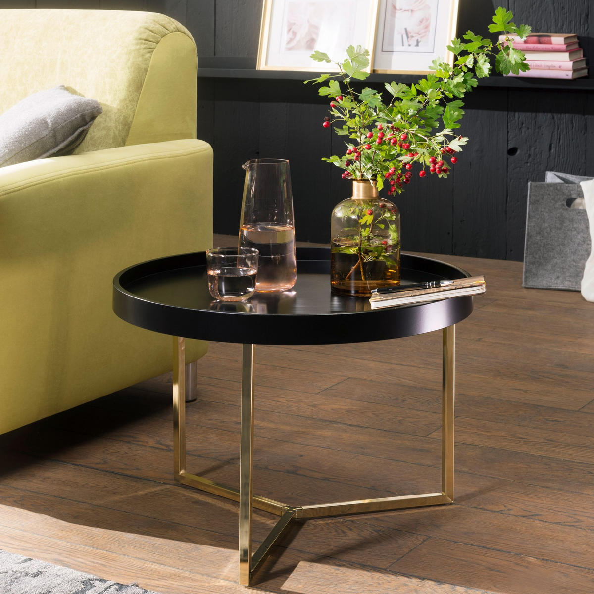 SOFATISCH LIA Rund mit Metallgestell, abnehmbares Tablett und Anti-Rutsch-Noppen, Gold 58 x 58 x 42 cm - Goldfarben, Holz/Metall (58/58/42cm) - KADIMA DESIGN