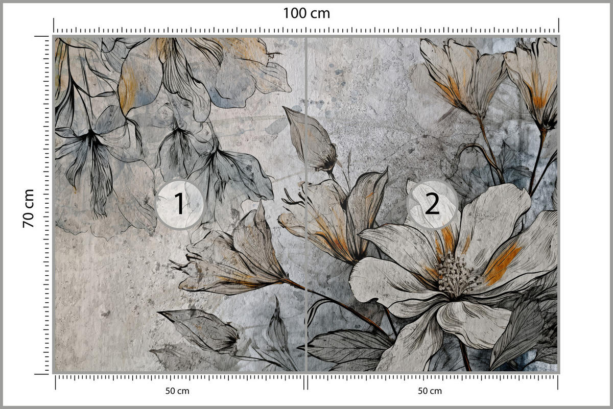 FOTOTAPETE für Büro Blumen Blätter Betongrund Vintage Pflanzen 100x70 - Grau, Papier (100/70cm) - Muralo