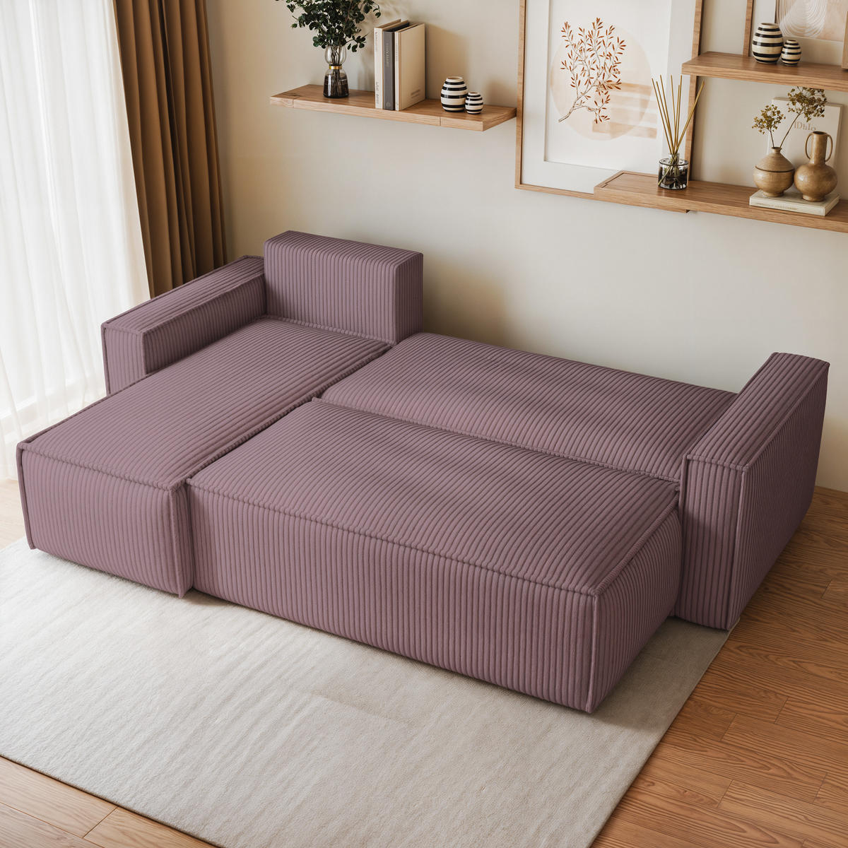 ECKSOFA RAVELO P Lila Kordstoff mit Schlaffunktion - Lila, Holz (240/140cm) - MASSENO