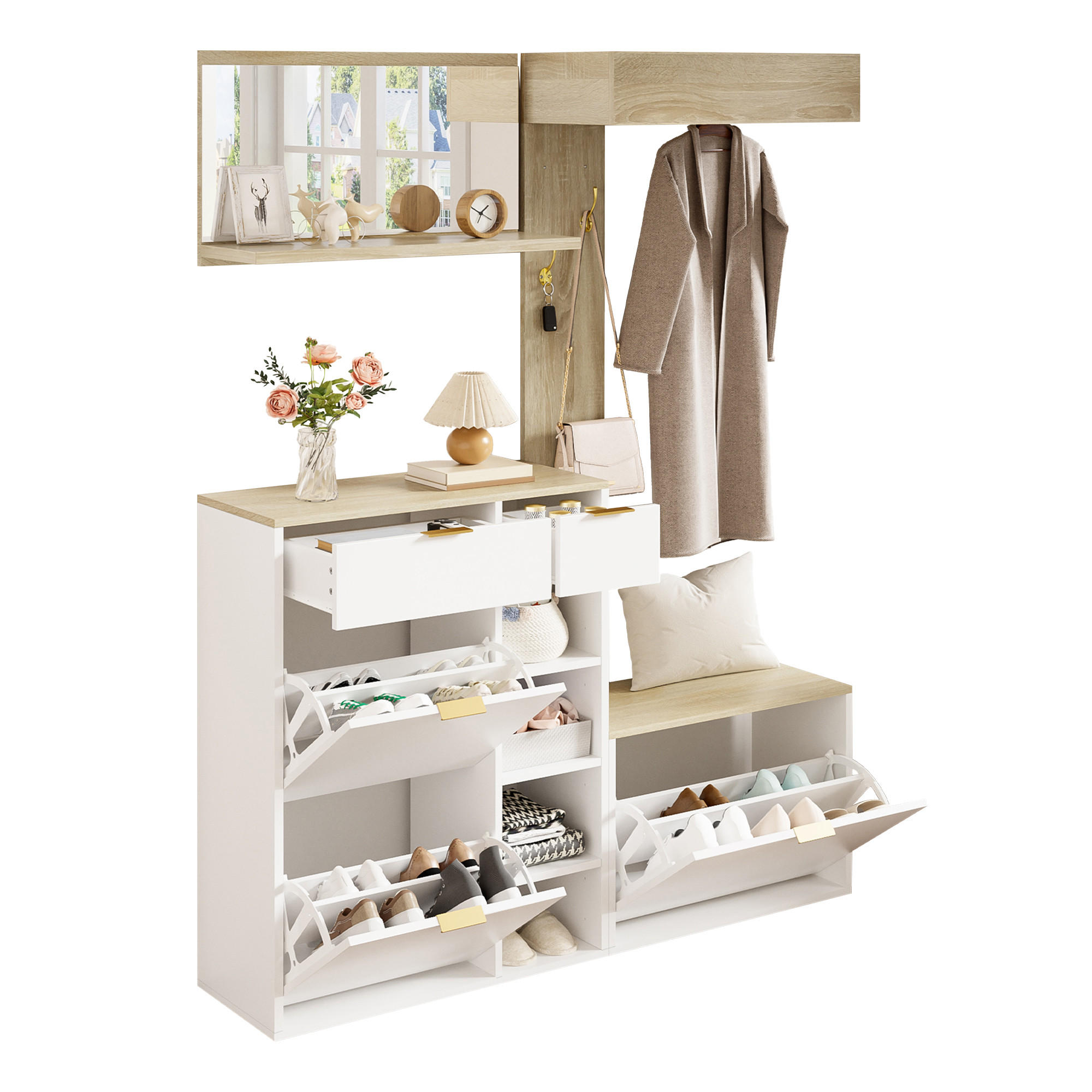 GARDEROBE 4tlg Schuhschrank Bank Spiegel 130x30x174cm Flur Set - Multicolor, Holzwerkstoff (30/174/130cm) - FLIEKS