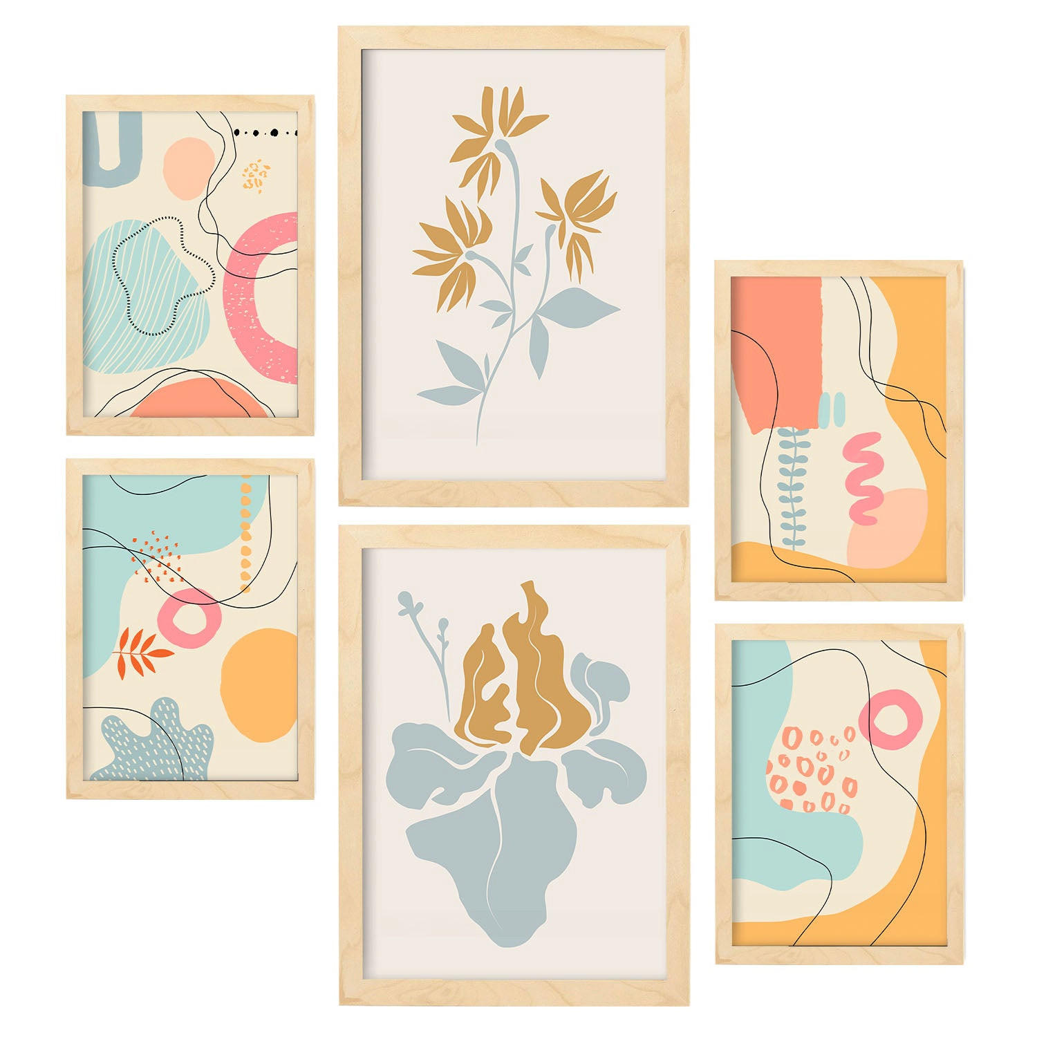 POSTER Set Mit 6 Ethikstile 2 In Blume Zusammenfassung Ästhetische Dekorative Gemälde Für Ihr Wohnzimmer Zuhause A3 & A4 Rahmen Aus Hellem Holz - Beige, Papier (29/3cm) - Nacnic