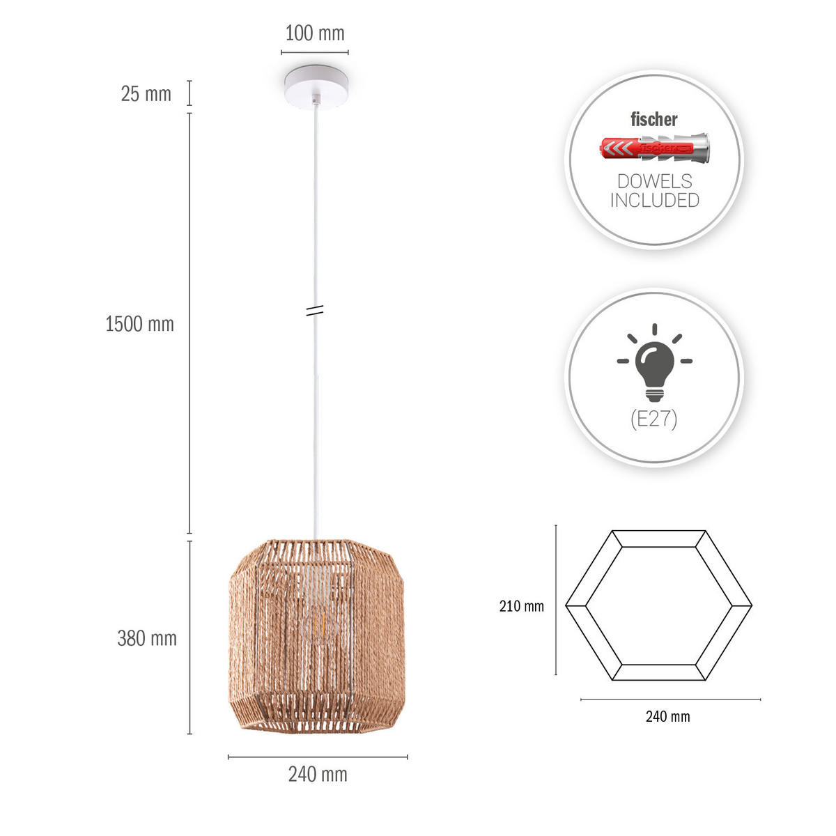 PENDELLEUCHTE Hugo Pd1 Pepe - Naturfarben, Metall (24/21/29cm) - Paco Home