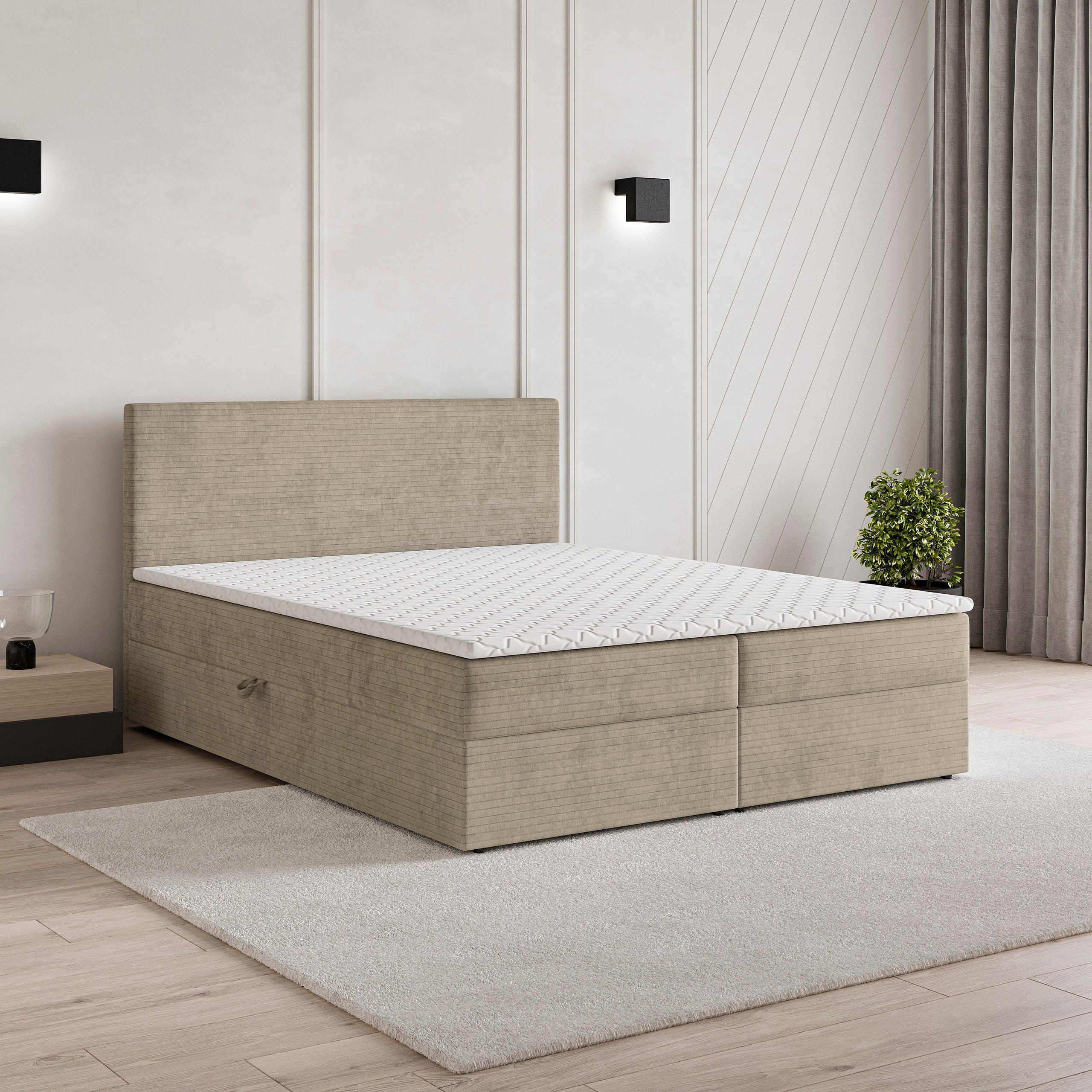 BOXBETT NIRA 140x200 cm mit Matratze und Topper - Beige - Beige, Holz (140/200cm) - MASSENO