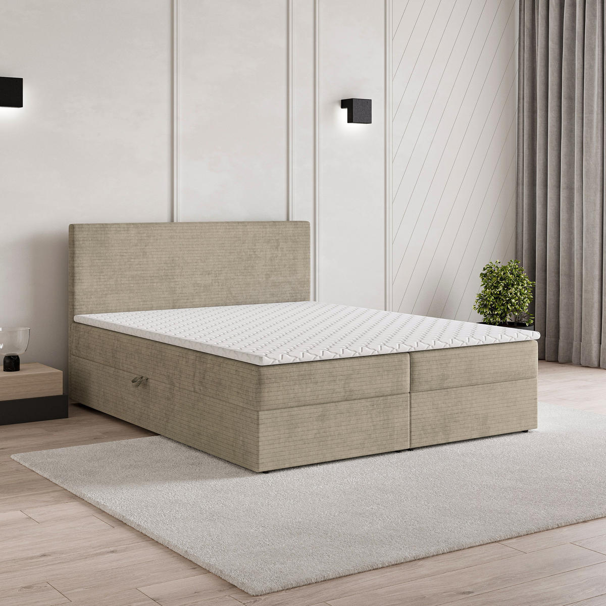 BOXBETT NIRA 160x200 cm mit Matratze und Topper - Beige - Beige, Holz (160/200cm) - MASSENO