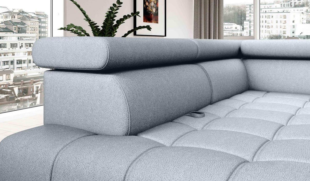 ECKSOFA BAGGIO Letto Stoff, Schlaffunktion, Bettkasten, Sitztiefe, Kopfstützen 280x196cm – Links – Hellgrau - Hellgrau, Holz/Textil (196/280cm) - DomoHome