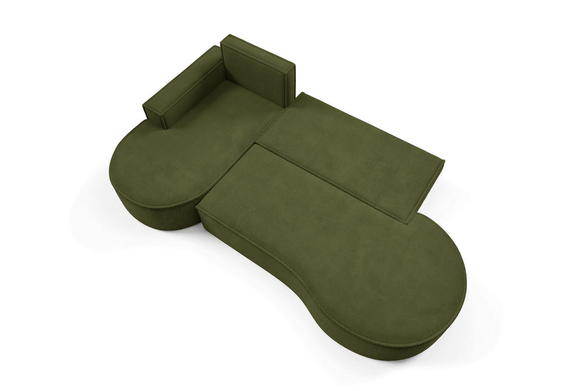 ECKSOFA MOLLY mit Schlaffunktion – Halbrund, freistehend, Liegefläche 140x207 cm, 3 Kissen, Abriamo-Stoff, 277x157x88 cm, Links Grün - Waldgrün, Holz/Textil (157/277cm) - DomoHome