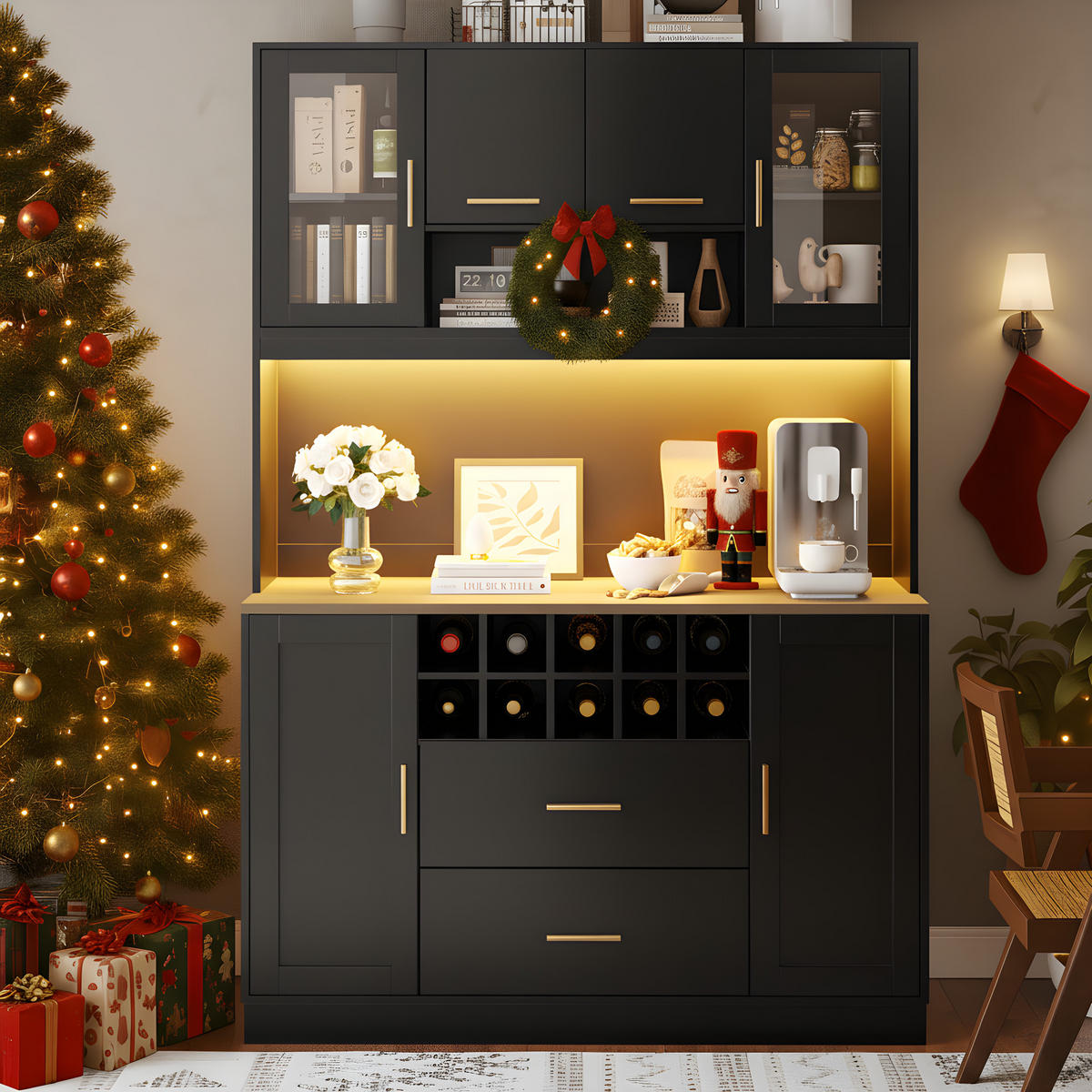 KÜCHENSCHRANK 120x36.3x180Cm LED Steckdose 6 Türen - Schwarz, Metall (120/180/36.3cm) - FLIEKS
