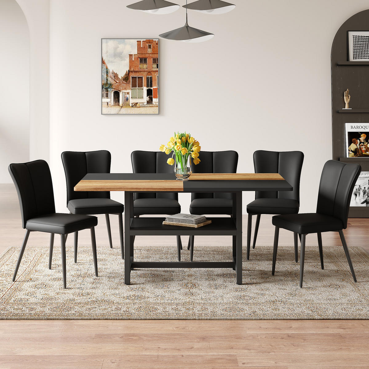 ESSGRUPPE DE-39364 7-teilig, mit 6 PU-Sesseln Schwarz - Schwarz, Holzwerkstoff (160/76/90cm) - ComfortXL