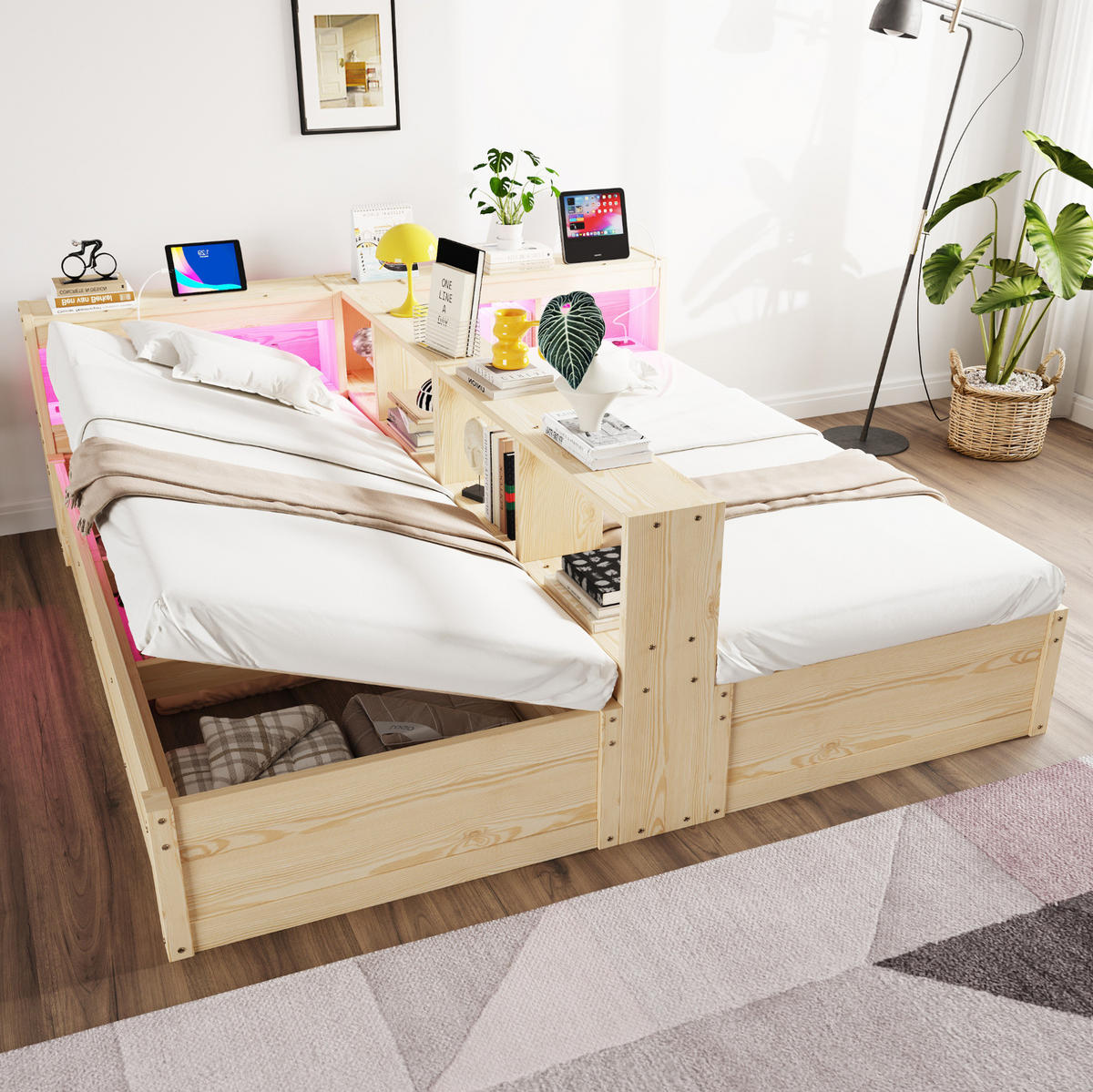 BETT 90/180/200 cm aus MDF mit LED, Naturholz - Naturfarben, Holzwerkstoff (90/200cm) - OKMYHOME