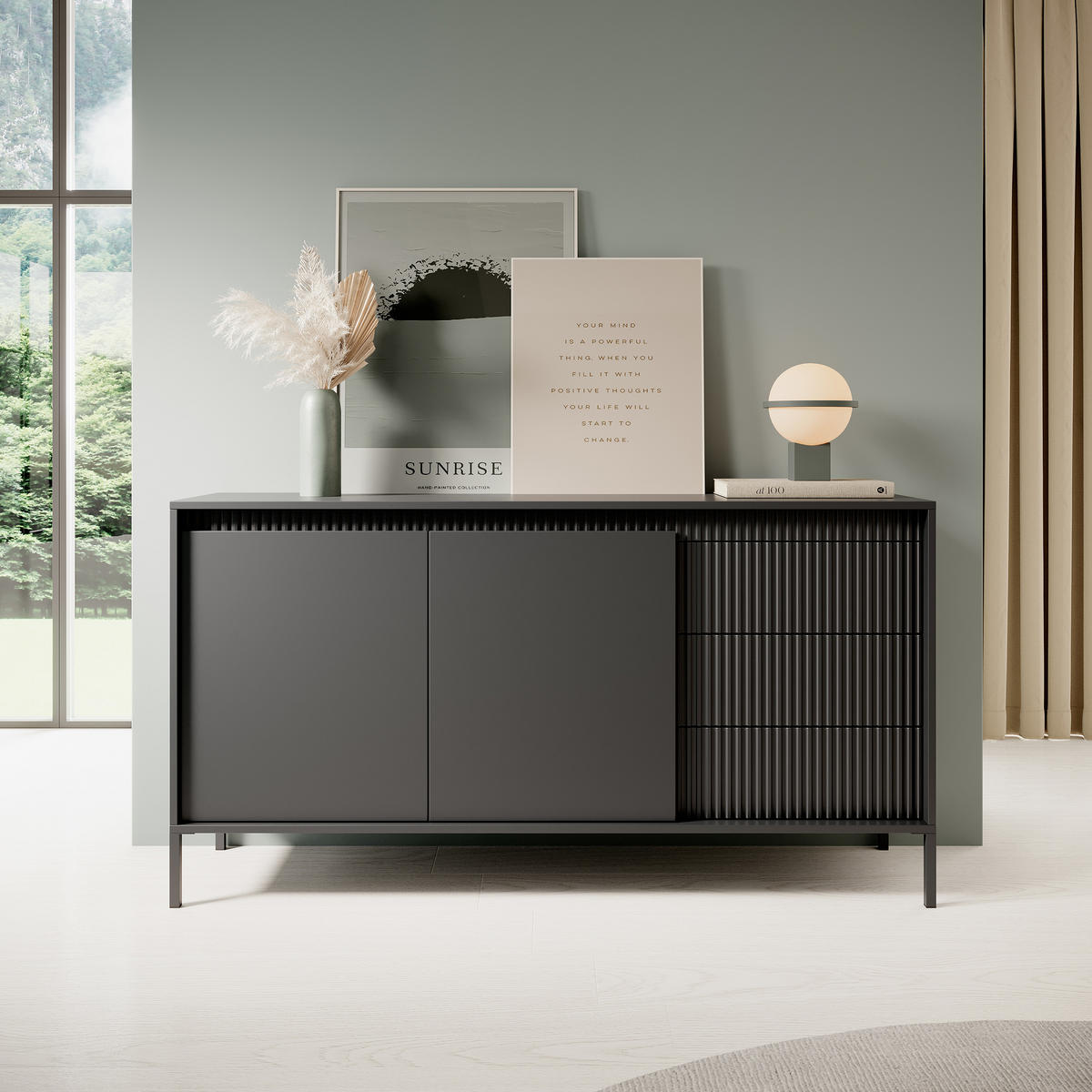 SIDEBOARD SENSATO 154/81/40 cm mit 3 Schubladen und 2 Türen Schwarz - Schwarz, Holzwerkstoff (154/81/40cm) - MASSENO