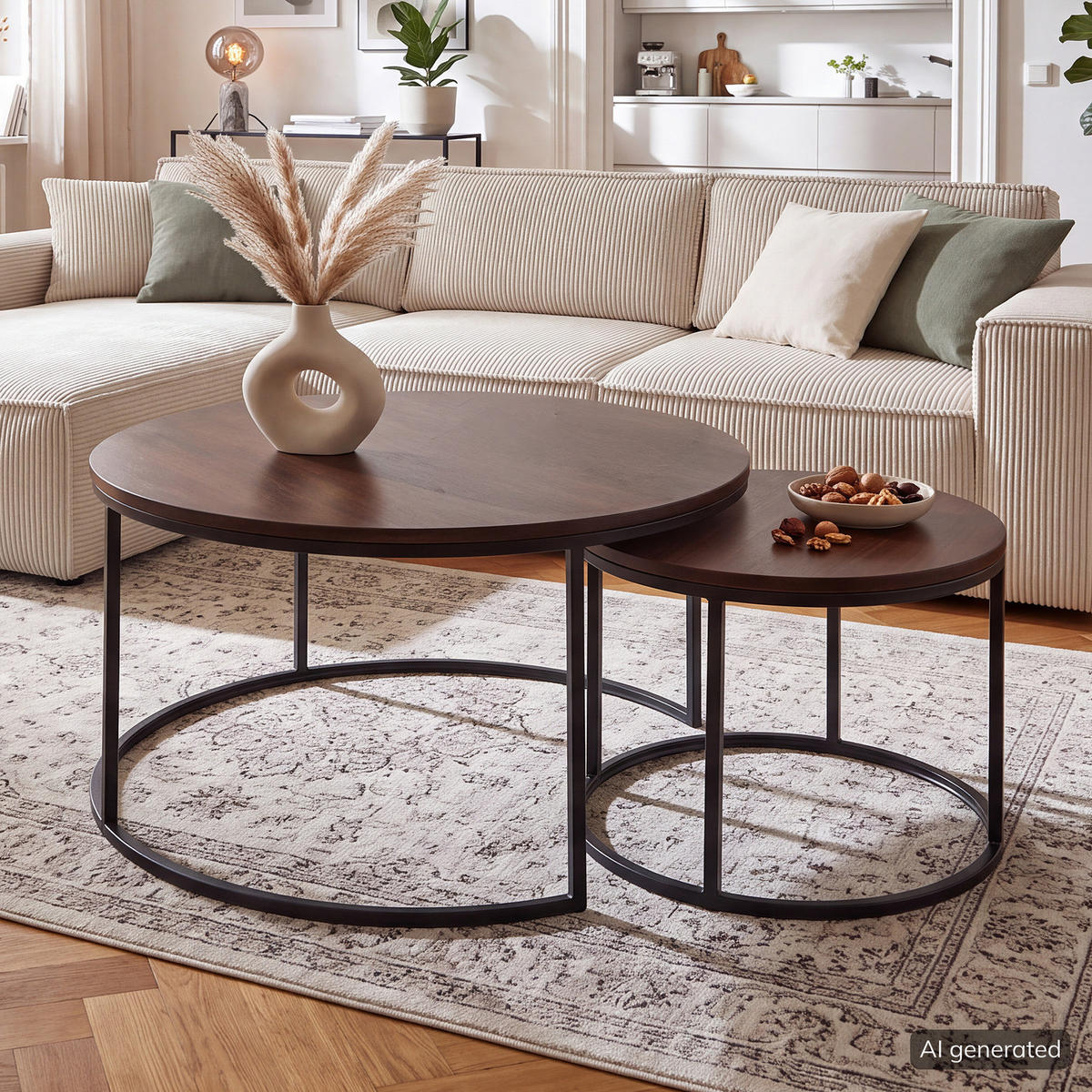 COUCHTISCHSET - 2er-Set - Walnuss / Schwarz - Walnussfarben, Holzwerkstoff/Metall (80/80/45cm) - home24