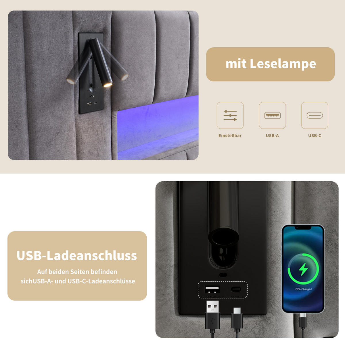 POLSTERBETT 180/200 cm Grau mit Stauraum mit LED-Beleuchtung und USB- und Type-C-Anschlüssen aus Samt - Grau, Textil (180/200cm) - OKWISH