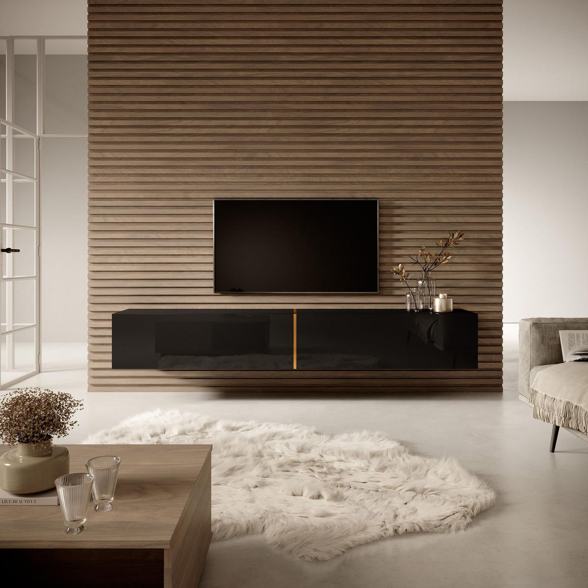 TV-LOWBOARD Bisira Schwarz / Gold 200 cm - Schwarz, Holzwerkstoff (200/30/31.6cm) - Selsey