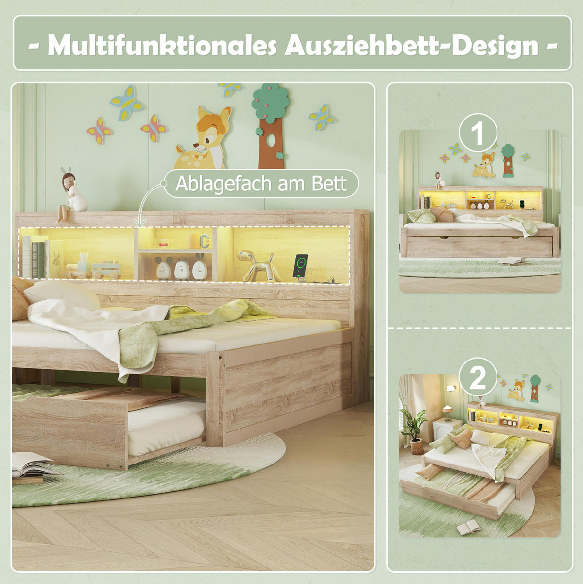 POLSTERBETT 140/200 cm Natur aus Spanplatte und MDF mit Ausziehbett - Naturfarben, Holzwerkstoff (140/200cm) - OKMYHOME