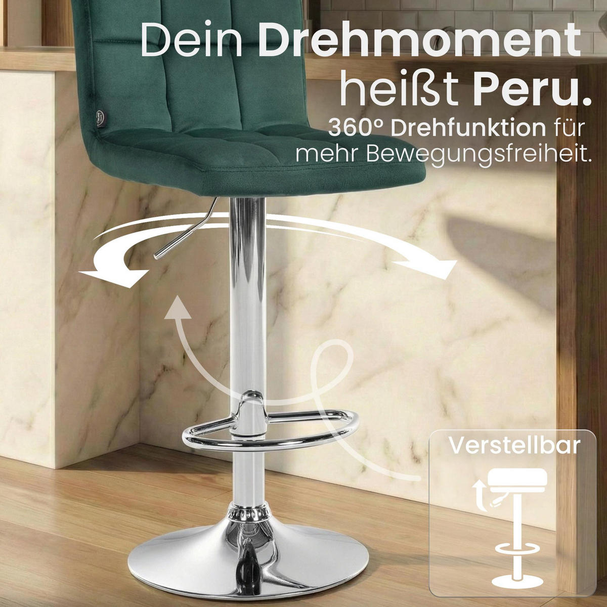 BARHOCKER Samt grün - Chromfarben/Grün, Textil/Metall (46/94/47cm) - CLP