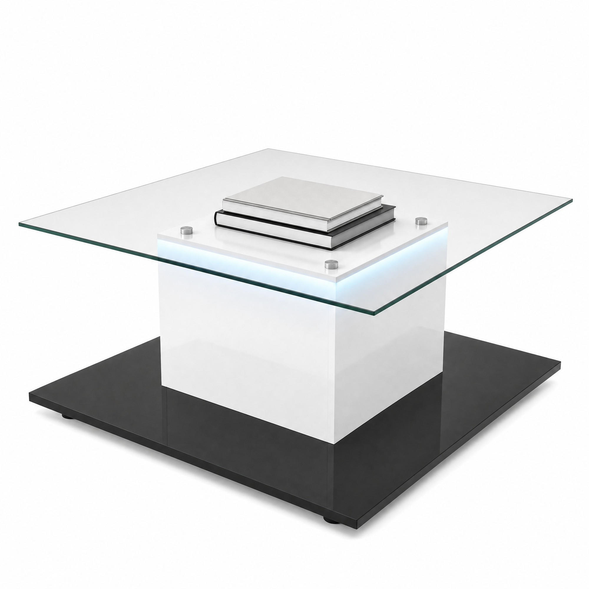 COUCHTISCH aus Spanplatte mit Glasplatte 80x80x40 cm Weiß/Schwarz mit LED-Beleuchtung und Rollen - Weiß, Holzwerkstoff (80/80/40cm) - IVMEU
