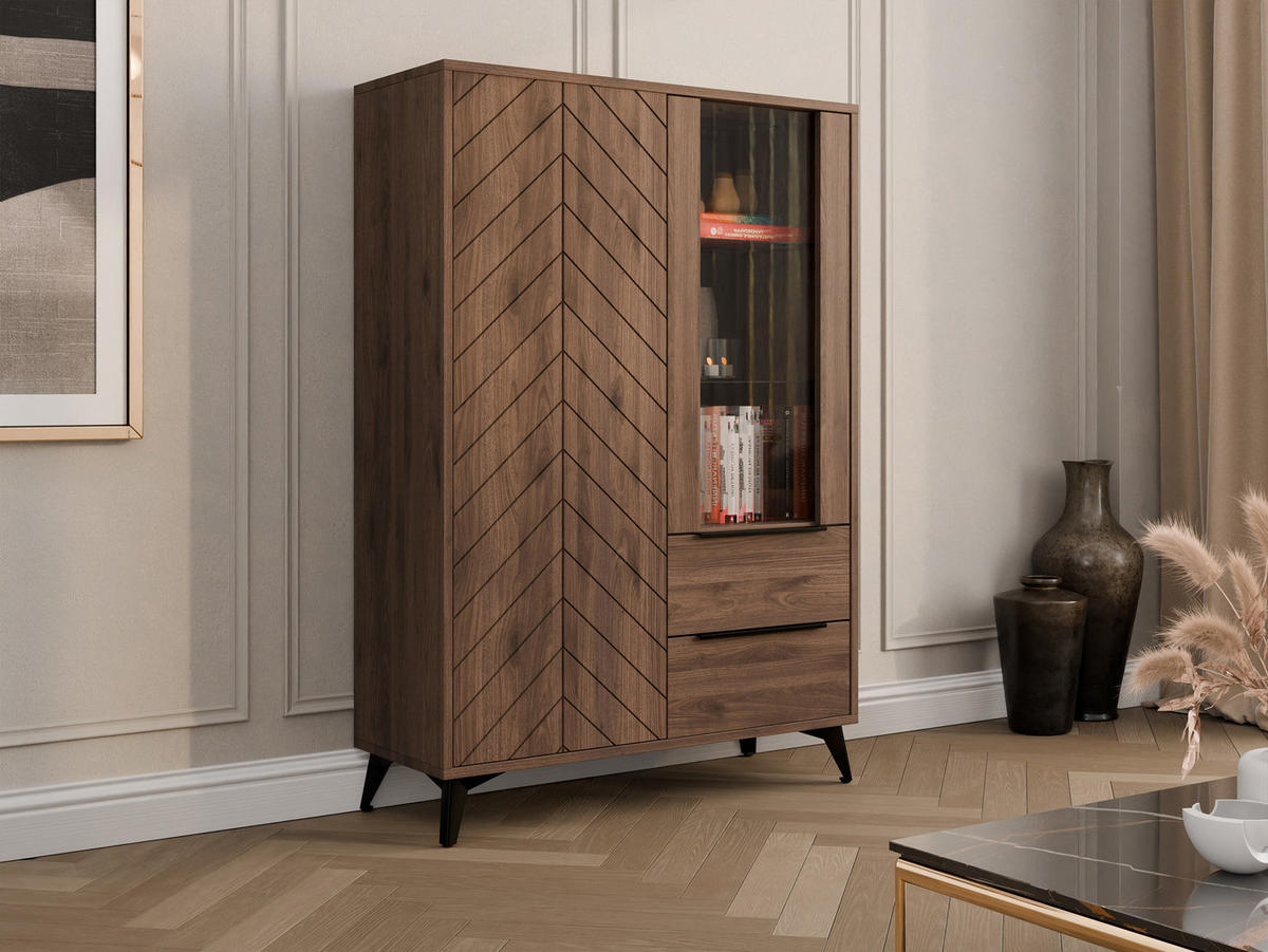 STANDVITRINE Xylix Bis 2D2SZ - Nussbaumfarben/Schwarz, Holzwerkstoff/Metall (104/150/40cm) - MIRJAN24