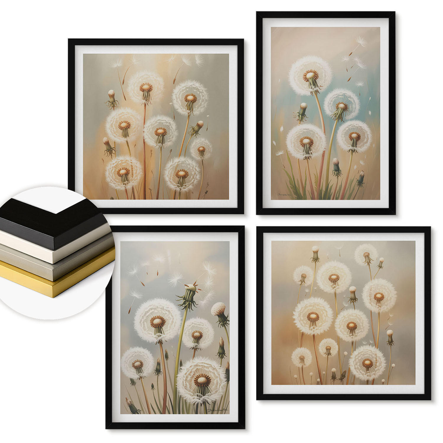 WANDBILDER 4er-Set - 50x50 cm & 40x60 cm Schwarzer Rahmen - Pastellfarbene Löwenzahnblüten - Schwarz, Kunststoff (50/50cm) - ArtPrintCave