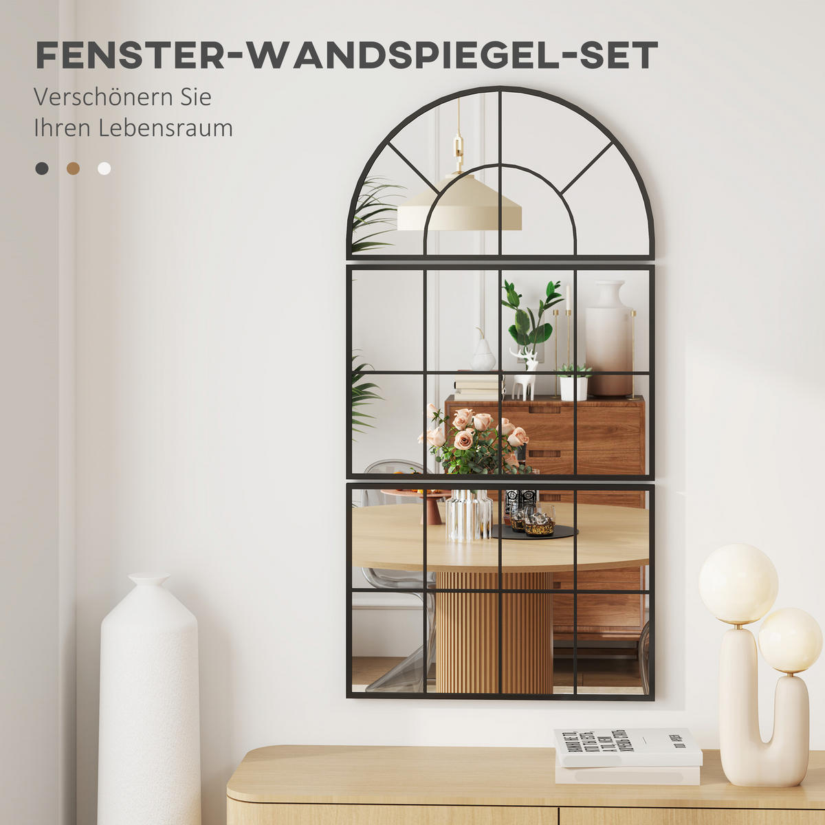 WANDSPIEGEL dreiteilig, bogenförmiger Spiegel mit Metallrahmen Schwarz - Schwarz, Glas (2/53/76cm) - HOMCOM