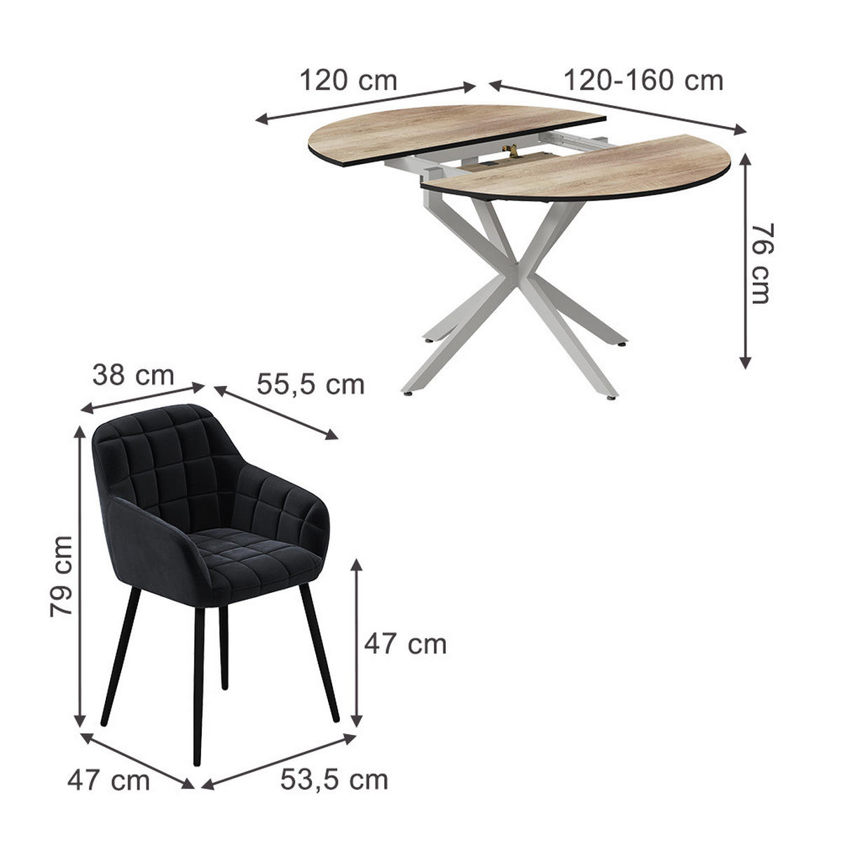 ESSTISCH-SET Loyd, Eiche rustikal/Grau, 120 x 120 cm mit 4 Esszimmerstühlen (Schwarz) - Wildeiche/Grau, Holzwerkstoff (120/76.5/120cm) - Vicco