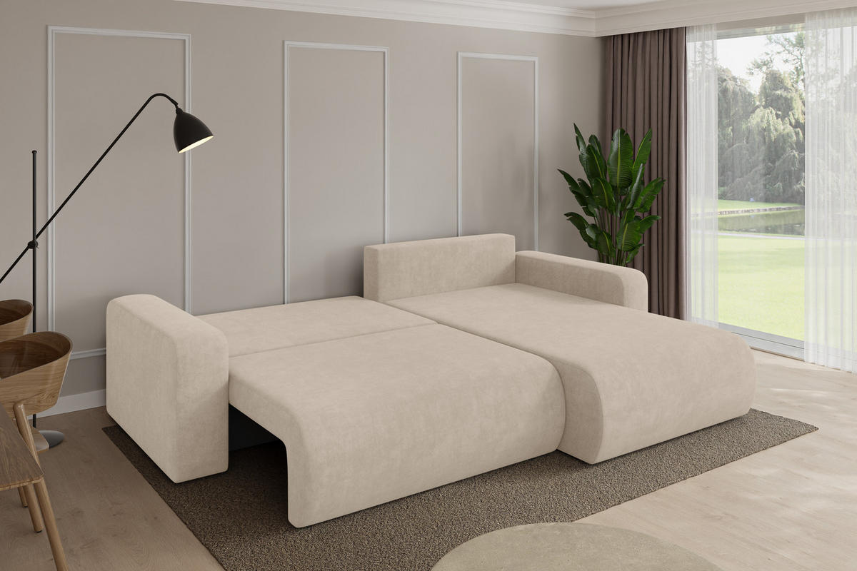 ROHOVÁ SEDAČKA s funkcí spaní, otoman vpravo BERY-L 276x193x88 béžová velur - černá/Sahara, kompozitní dřevo/textil (276/193cm) - ALTDECOR