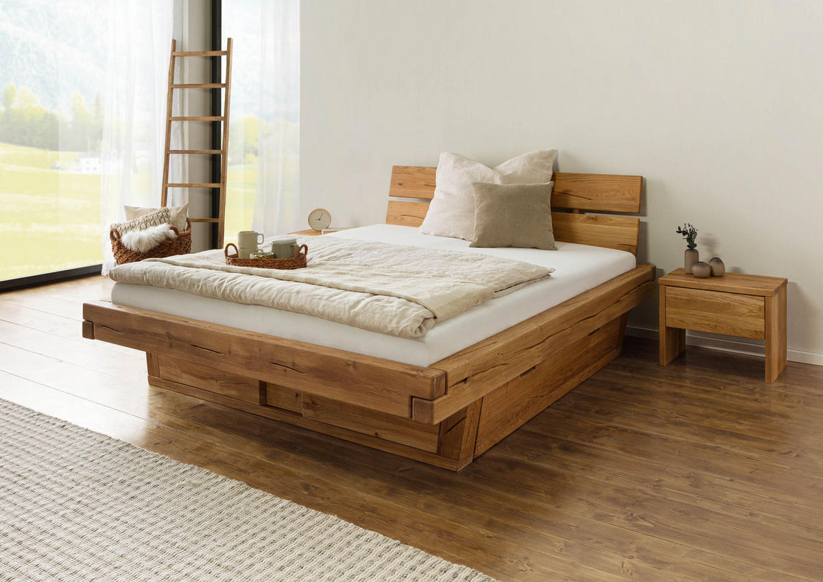 HOLZBETT mit Schublade Eiche 160x200x87 natur geölt BREGENZ #106 - Braun, Holz (160/200cm) - Massivmoebel24