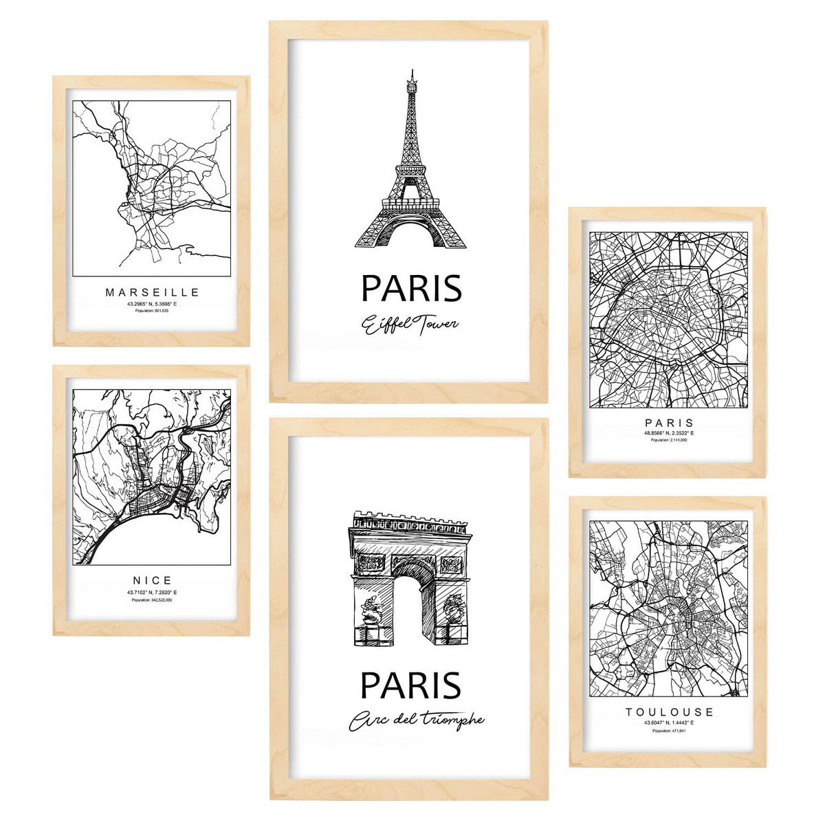 POSTER Set Mit 6 Drucke Von Frankreich Von Karten In Schwarz Weiß A3 & A4 Rahmen Aus Hellem Holz - Beige, Papier (29/3cm) - Nacnic