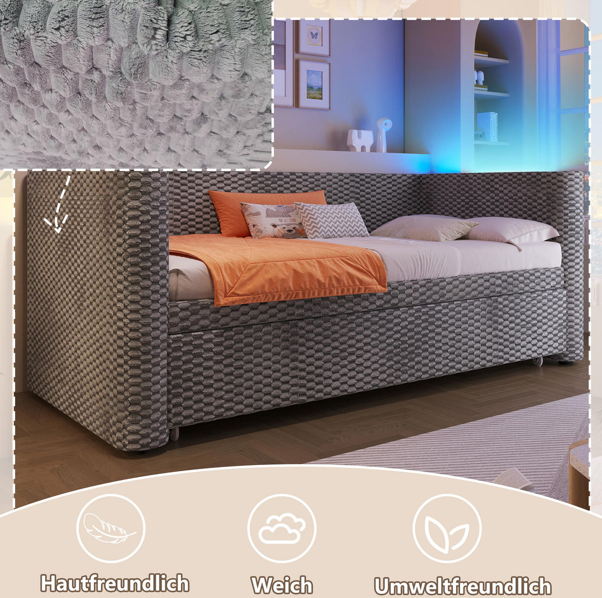 AUSZIEHBETT 90/200 cm Grau aus Samt mit LED-Beleuchtung klappbar zum Doppelbett 180/200 cm - Grau, Textil (90/200cm) - OKWISH