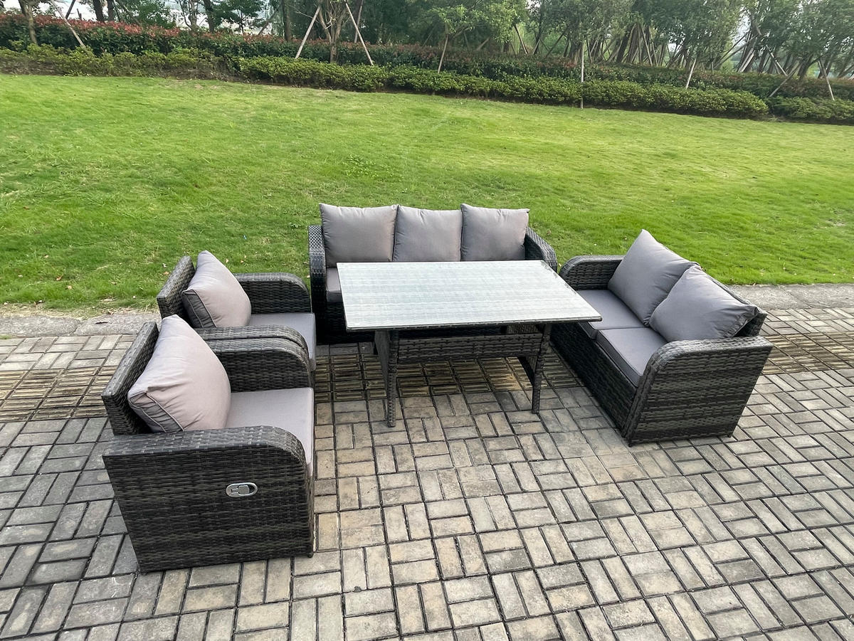 GARTENGARNITUR mit Liegestuhl,3-Sitzer Sofa,Zweisitzer Polyrattan Dunkelgrau 7-Sitzer - Dunkelgrau/Grau, Glas/Kunststoff - Fimous