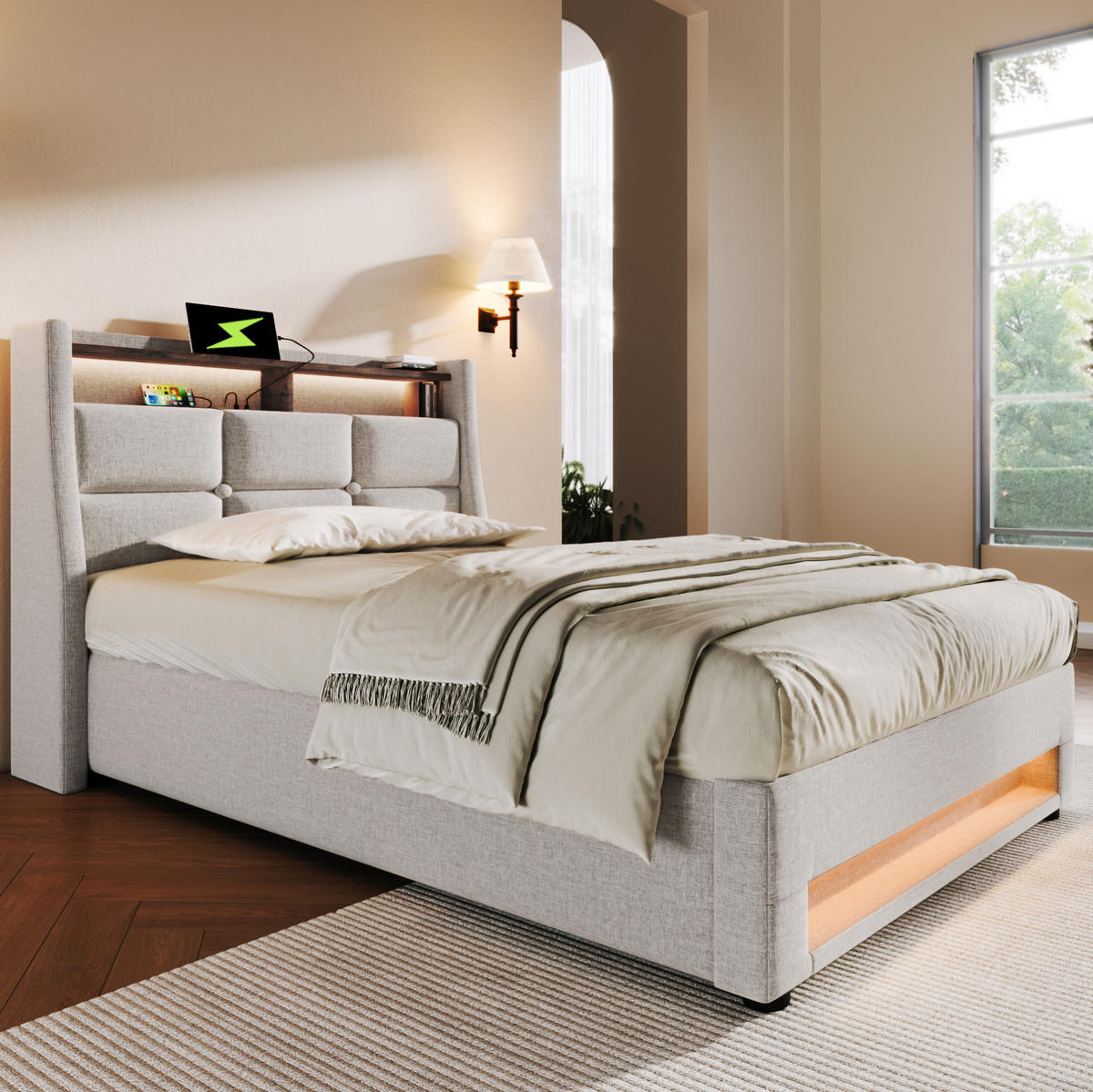 POLSTERBETT 90/200 cm mit LED & USB-Ladestation, Bettkasten (Gasdruckfeder), beige - Beige, Textil (90/200cm) - Redom