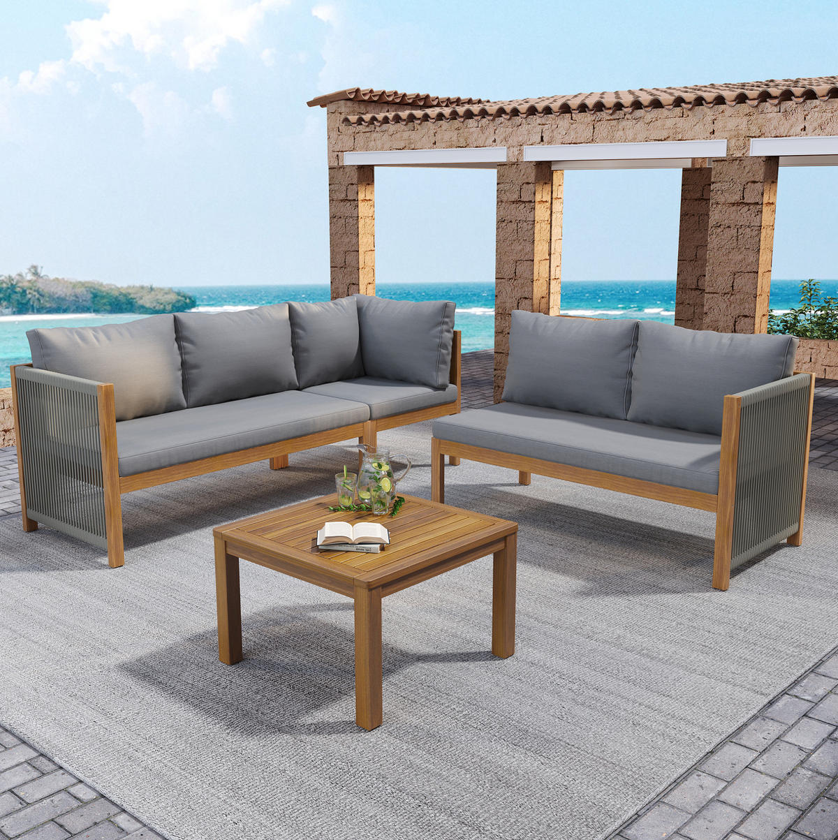 GARTENMÖBEL-SET mit Ecksofa und Couchtisch, Akazienholzrahmen mit Seilgeflecht, Grau - Grau, Textil - Redom