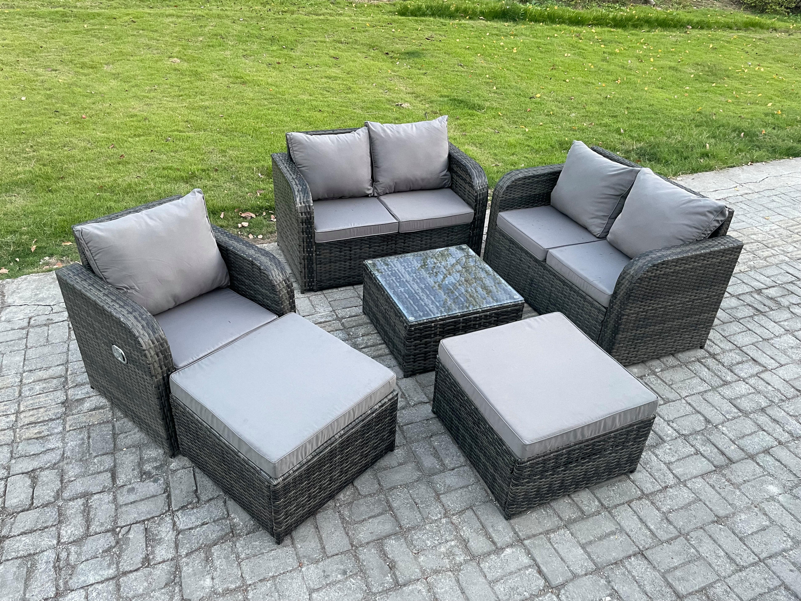GARTENMÖBEL SET mit COUCHTISCH Polyrattan Dunkelgrau 7-Sitzer - Dunkelgrau/Grau, Glas/Kunststoff - Fimous