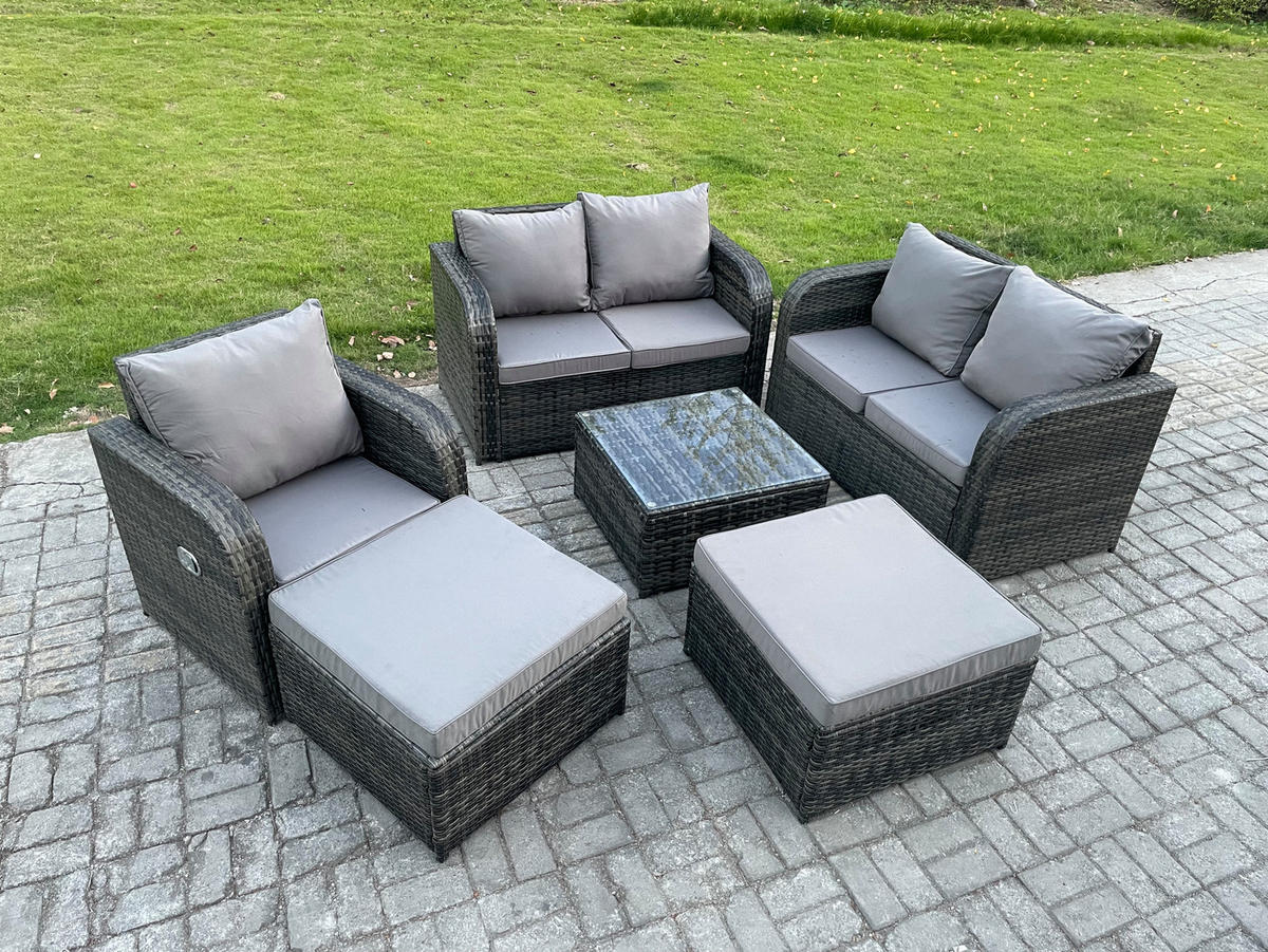 GARTENMÖBEL SET mit COUCHTISCH Polyrattan Dunkelgrau 7-Sitzer - Dunkelgrau/Grau, Glas/Kunststoff - Fimous