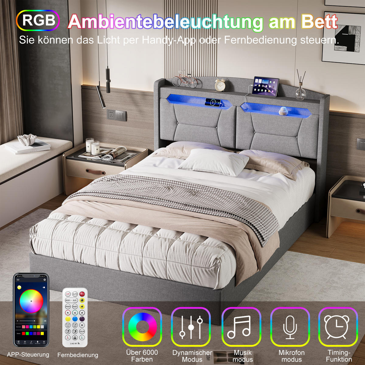 POLSTERBETT 140x190 cm Hellgrau Leinen LED USB Kopfteil Bettkasten - Grau, Holz (140/190cm) - SHOPENTRA