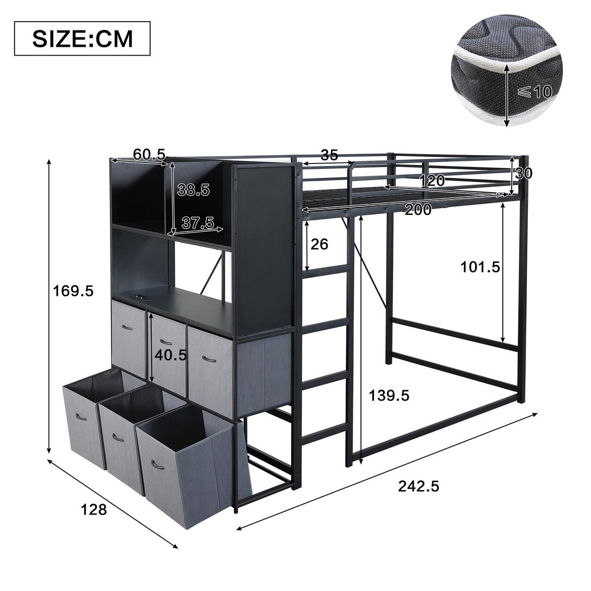 HOCHBETT 120/200 cm mit Stauraum und Ladestation, DE-41770, in Schwarz - Schwarz, Metall (120/200cm) - ComfortXL