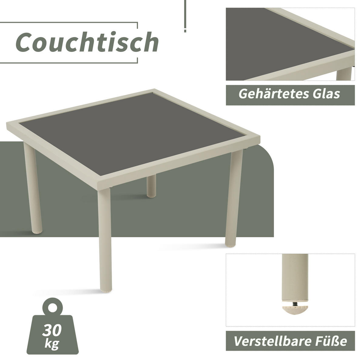 GARTENLOUNGE-SET 6er-Set Gartenmöbel Set Outdoor Sitzgruppe mit Sofa und Glas Tisch - Beige/Schwarz, Textil/Metall - STILVORA