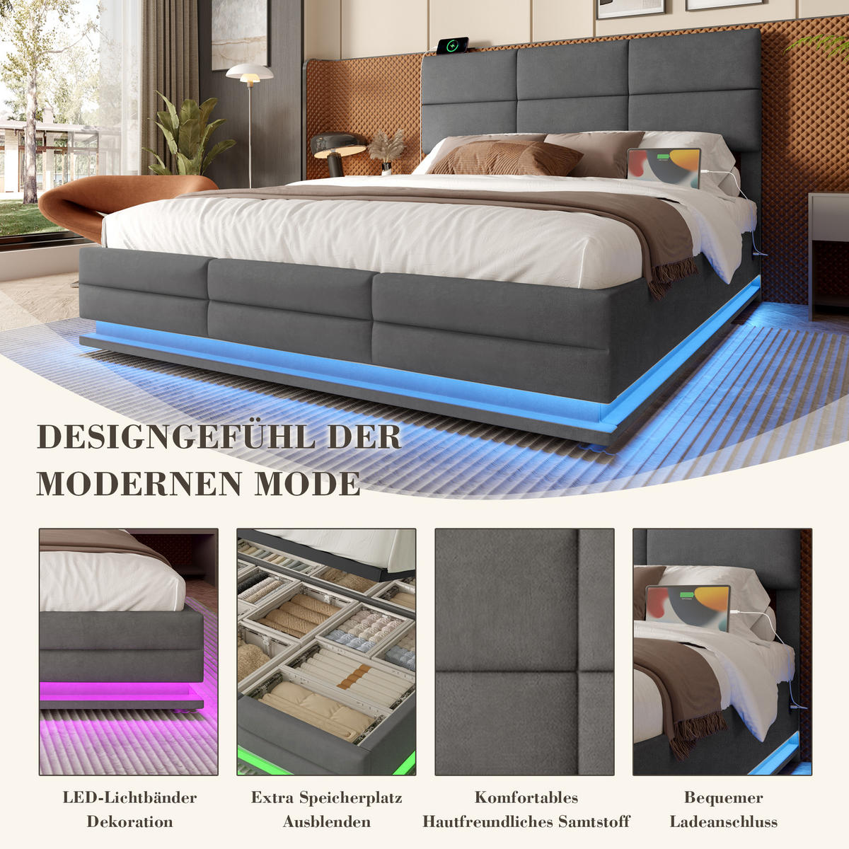 POLSTERBETT 180x200 cm LED USB Samt grau - Dunkelgrau, Textil (180/200cm) - LEBENLANG