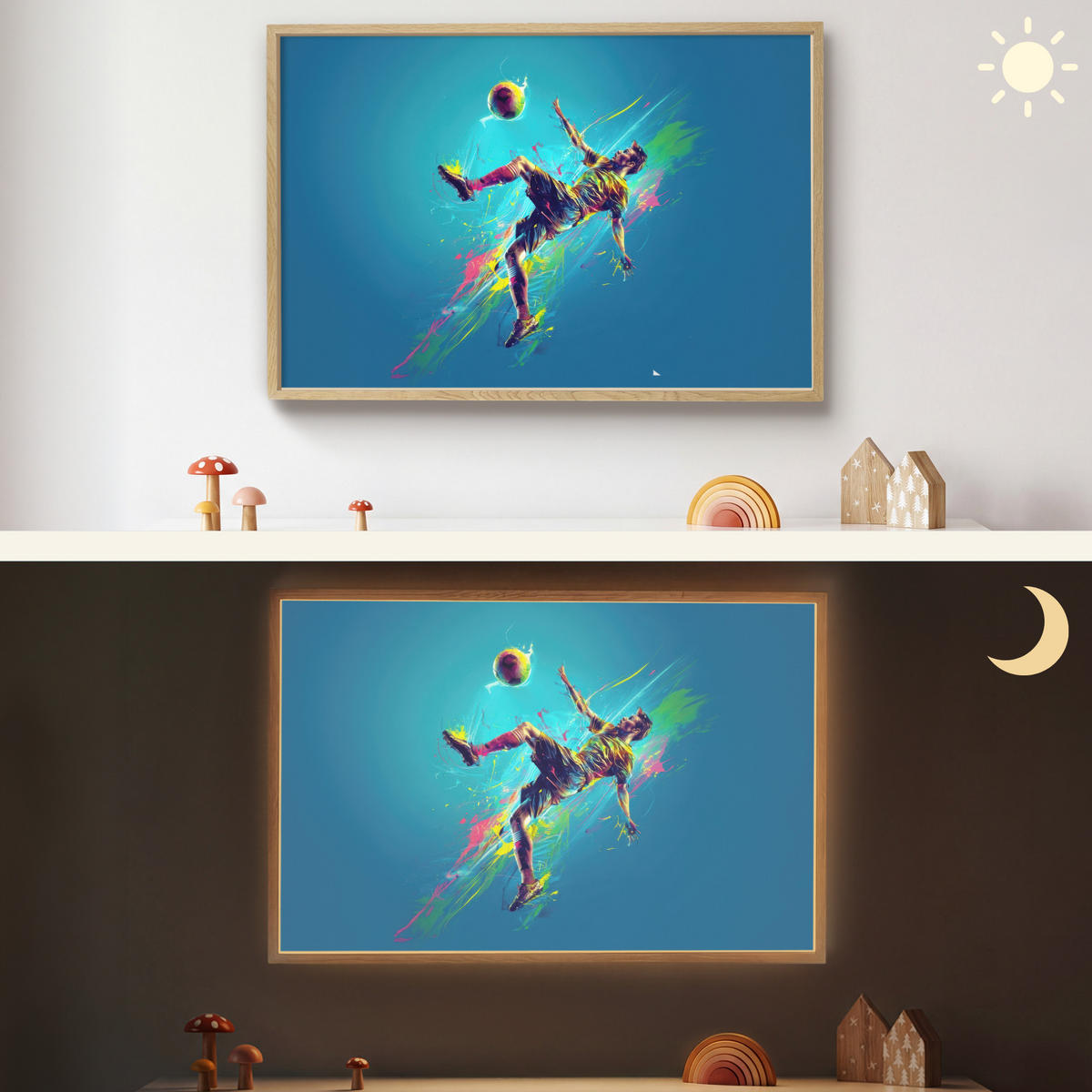 NÁSTĚNNÁ LAMPA S AKUMULÁTOREM Fotbalista - Stříkající barva - Barevné - Míč 90x60 cm - modrá, kompozitní dřevo (90/60/8cm) - OnlyWow