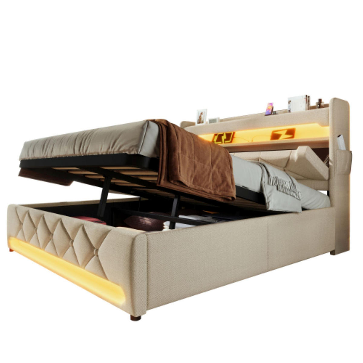 POLSTERBETT 160/200 cm in Beige Leinen mit Bettkasten, LED, USB und Type-C - Beige, Holzwerkstoff/Textil (160/200cm) - CHICFURN
