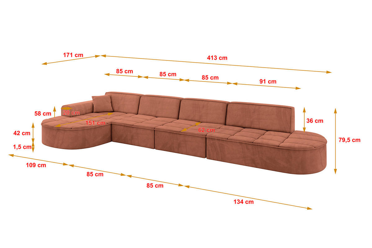 ECKSOFA Ottomane Links TARO-L3 - 413x171x79,5 cm Apricot - Koralle, Holzwerkstoff/Textil (413/171cm) - ALTDECOR
