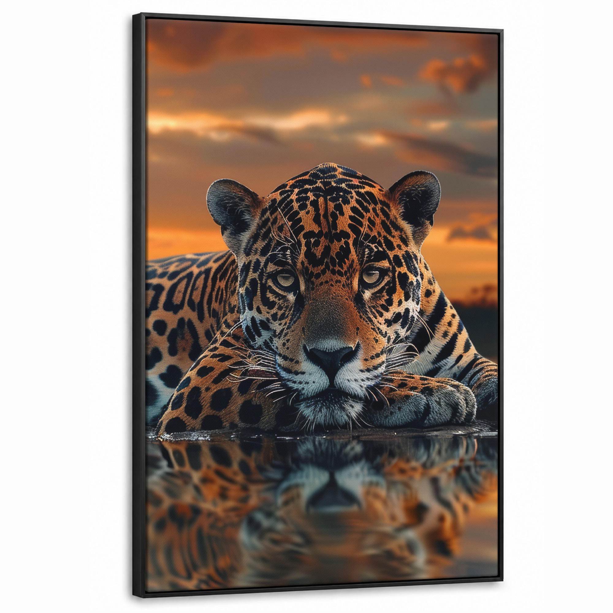 LEINWAND Bilder mit Rahmen - Natur - Leopard - Tier - Sonnenuntergang - Modern - 90x140 - Orange, Textil (90/140cm) - MuchoWow