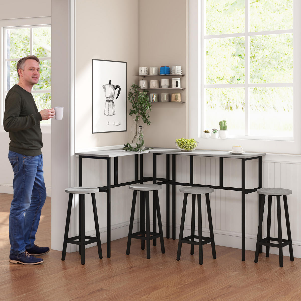 BARTISCH-SET, Spanplatte, Grau+Schwarz - Grau, Kunststoff (40/90/100cm) - HOMCOM