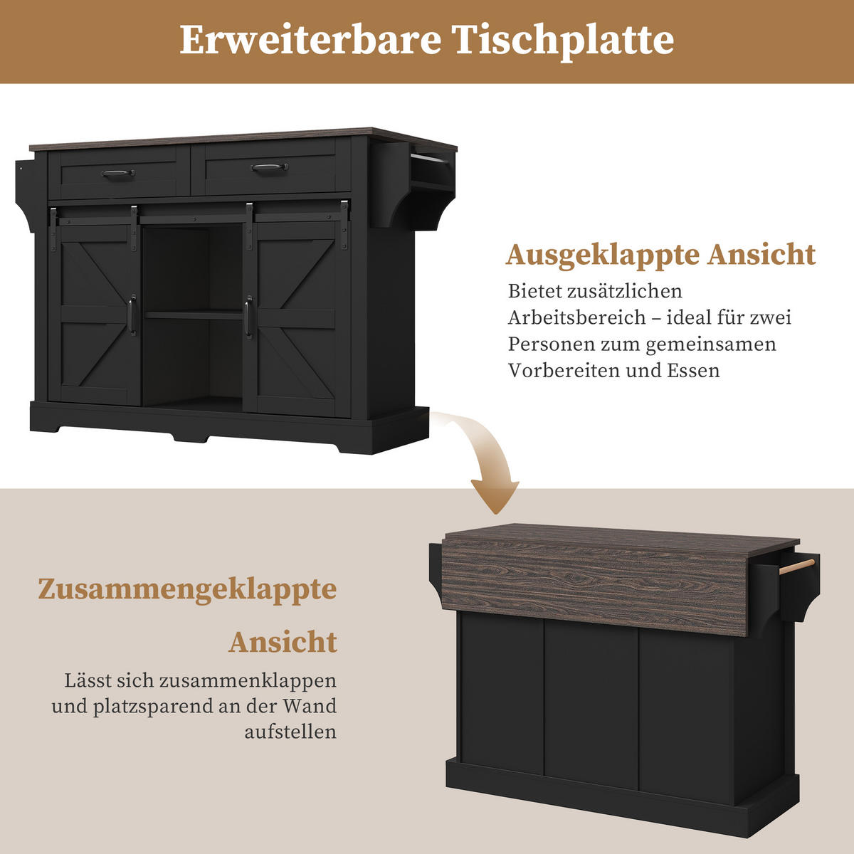 KÜCHENINSEL in Schwarz Servierwagen mit klappbarer Arbeitsplatte und Schubladen für Küche, B120/T45(70)/H91 cm - Schwarz, Holzwerkstoff (120/91/70cm) - STILVORA