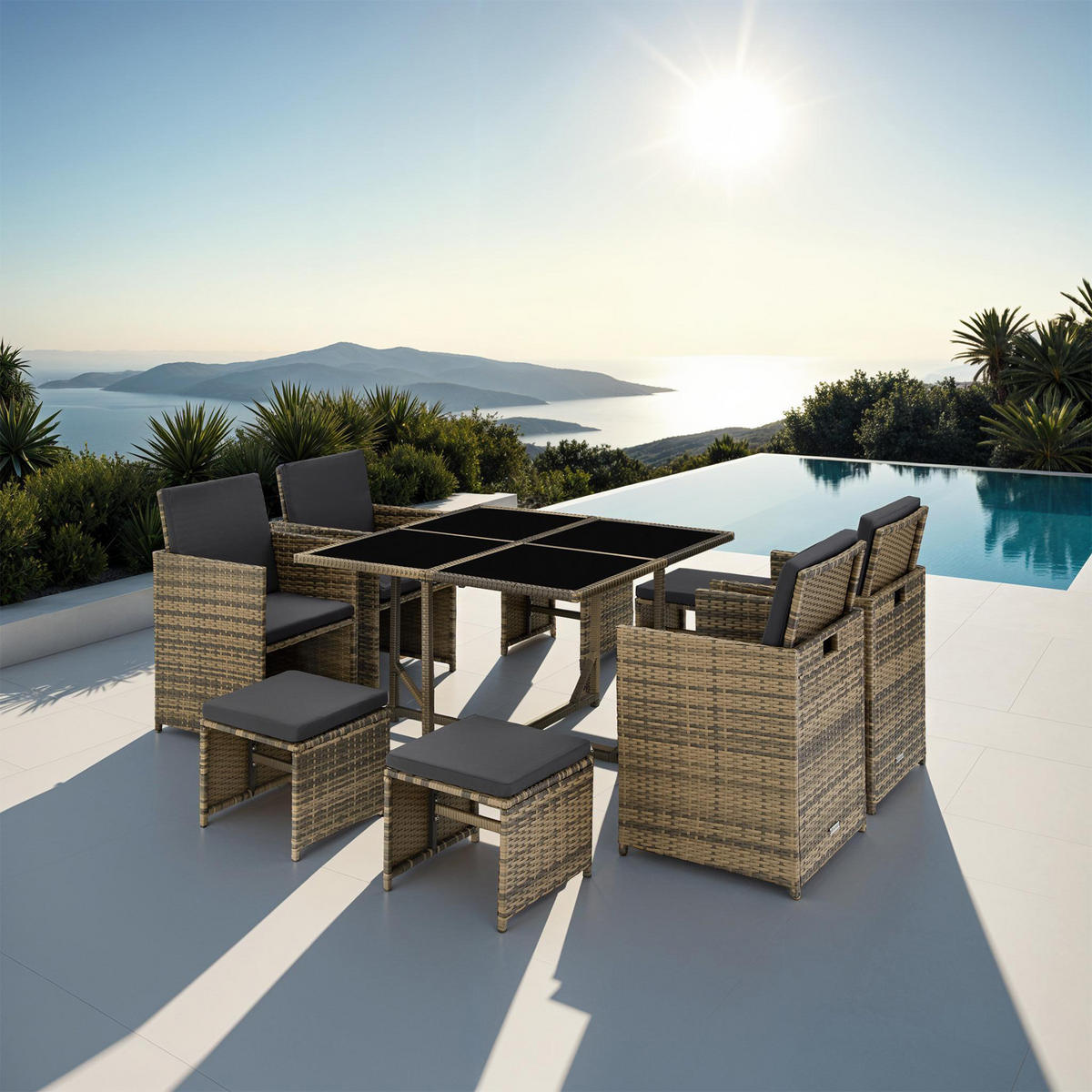 RATTAN SITZGRUPPE Bilbao,zusammenschiebbar, inklusive Schutzhülle,natur - Naturfarben, Kunststoff - tectake