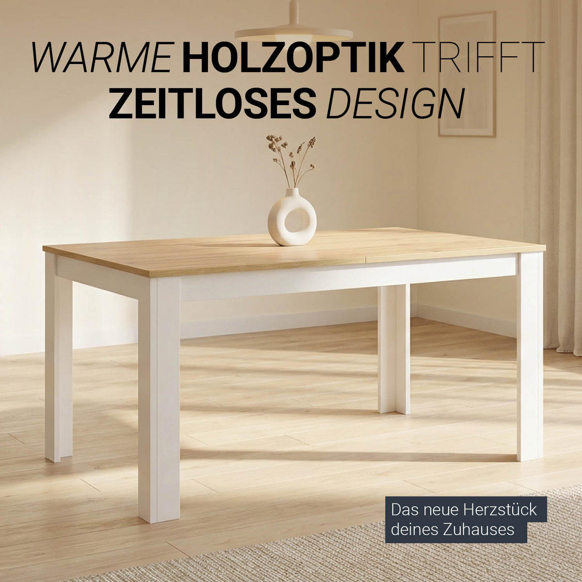 ESSTISCH Weiß in Naturholz 135x86 cm ausziehbar - Naturfarben, Holz (86/135/77cm) - Homestyle4u