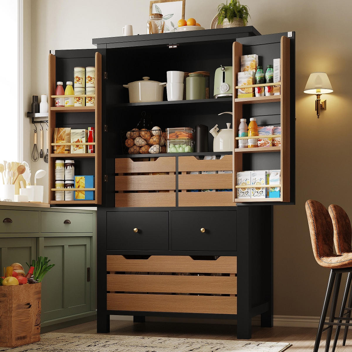 KÜCHENSCHRANK Küchenbuffet mit 5 Schubladen und 2 Türen, MDF/Metall, Schwarz-Weiß, für Esszimmer, 80/140/40 cm - Schwarz, Kunststoff (40/140/80cm) - Rolipo