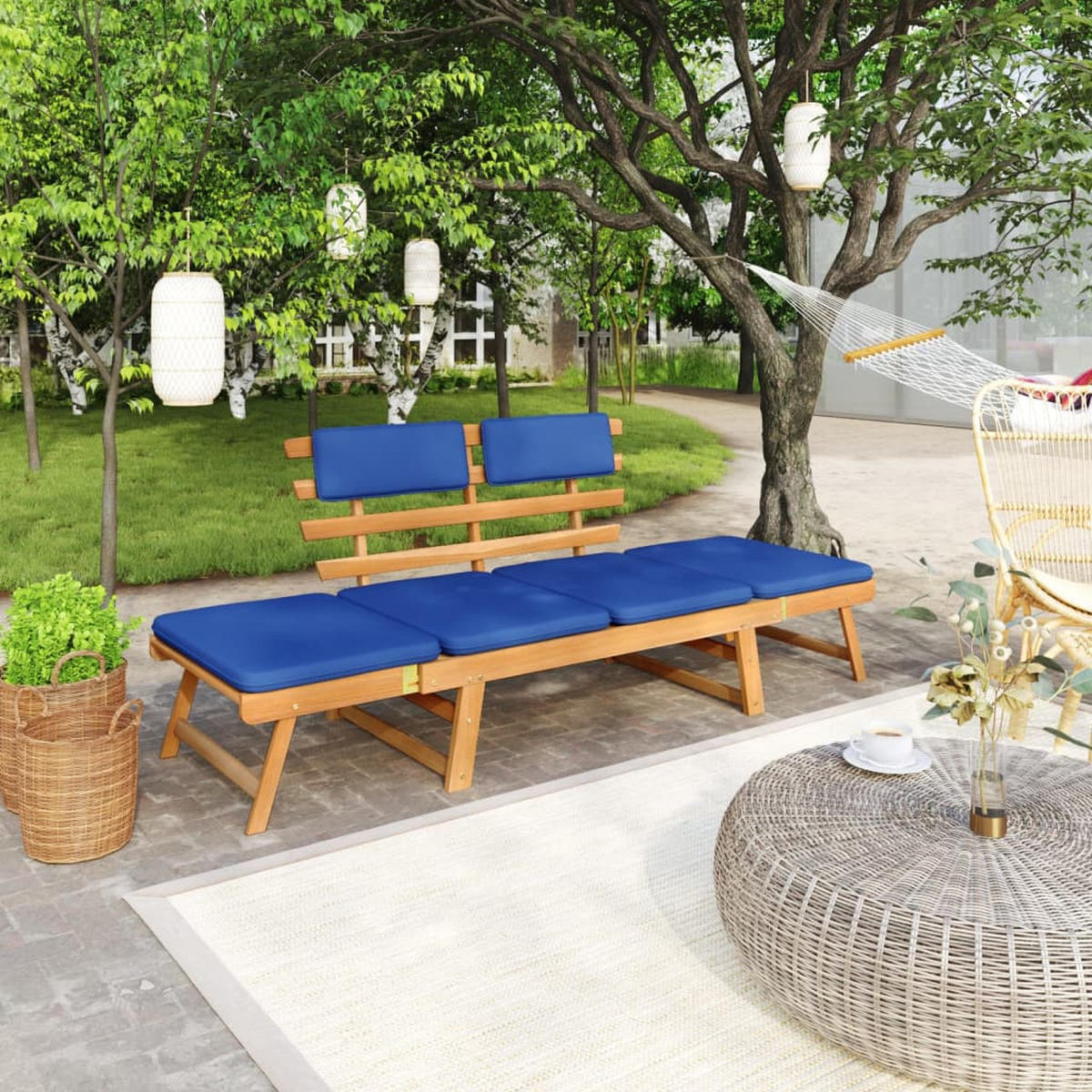 GARTENBANK mit Auflagen 2-in-1 190 cm Massivholz Akazie - Blau, Holz (190/74/68cm) - furnicato