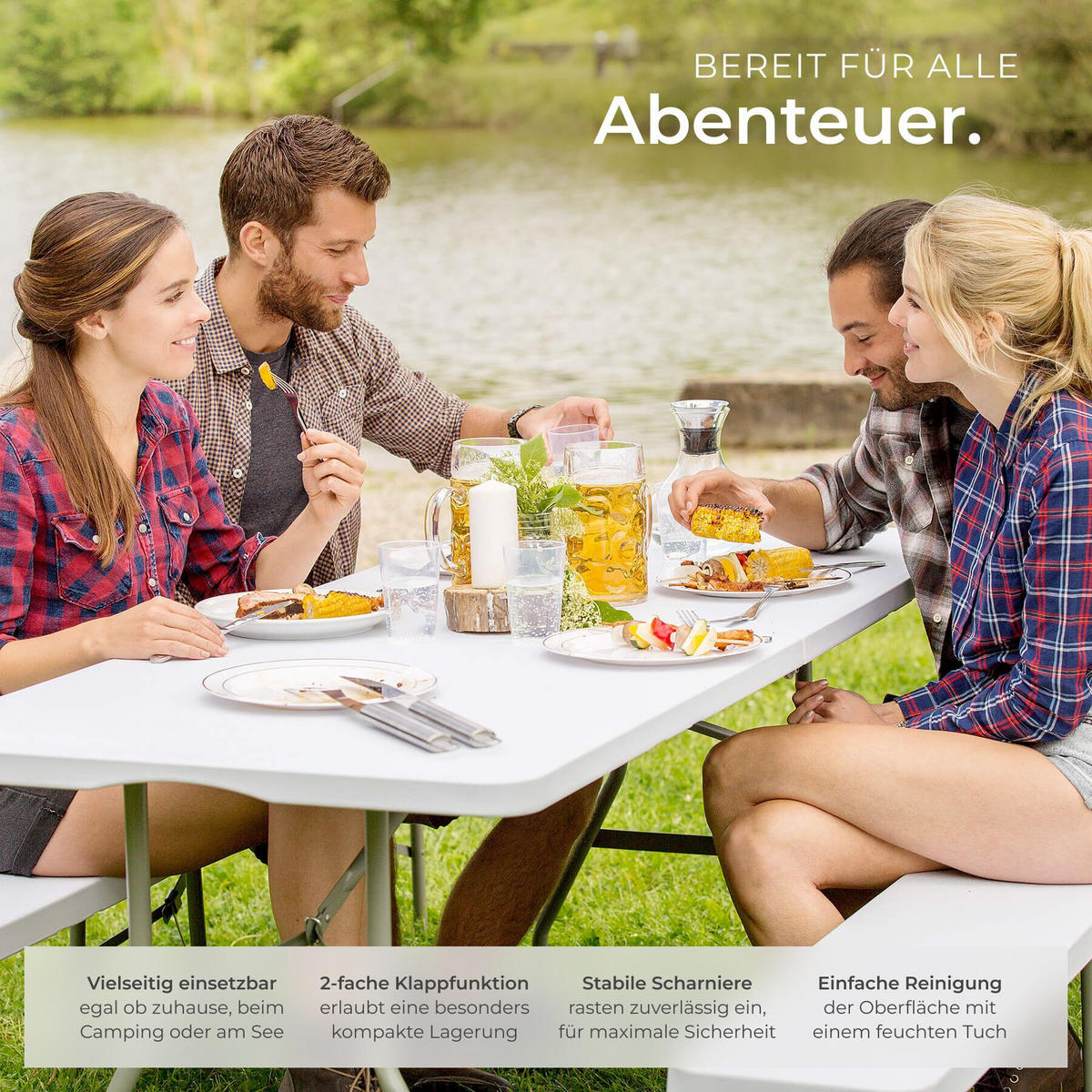 CAMPINGTISCH Panja, gummierter Tragegriff, weiß - Weiß, Kunststoff (70/180/74cm) - tectake