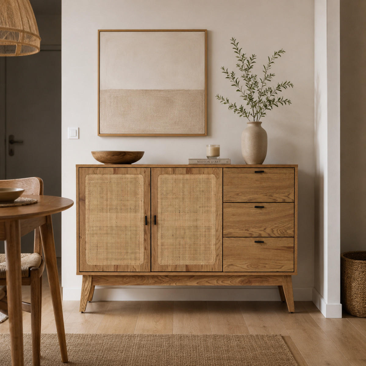 SIDEBOARD mit 2 Türen und 3 Schubladen mit Rattan-Fronten 40/80/120 cm - Eschefarben, Holzwerkstoff (40/80/46cm) - Calicosy
