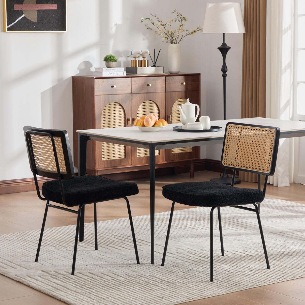 STUHL-SET DE-36881 2 Stück mit Chenille-Polsterung und Rattan-Opti Schwarz - Schwarz, Metall (58/82/47cm) - ComfortXL